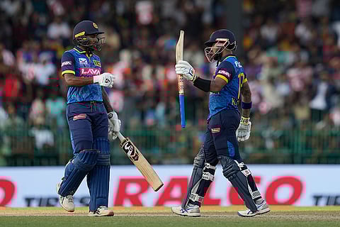 Kusal Mendis celebrates his fifty runs against India